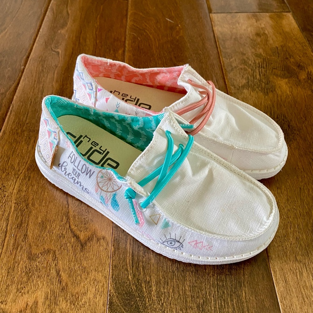 Hey Dude Kids Sneakers - White with Teal and Pink Accents rare pattern like new